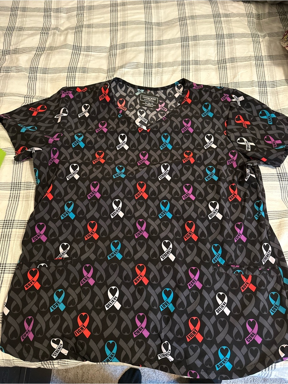 Cherokee Black Short Sleeve Scrub Top with Multicolor Awareness Ribbons